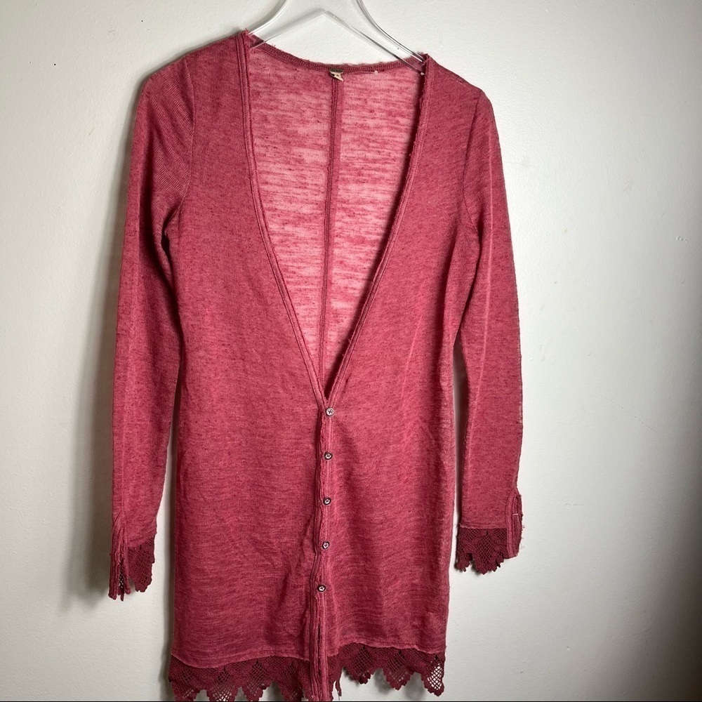 Free People Crochet Lace Trim Light Knit Cardigan Sweater size xs 0904
